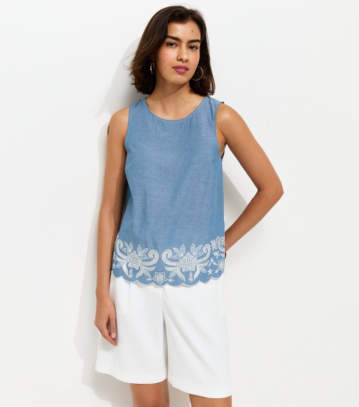 New Look Women's Blue Embroidered Hem Sleeveless Top New Look