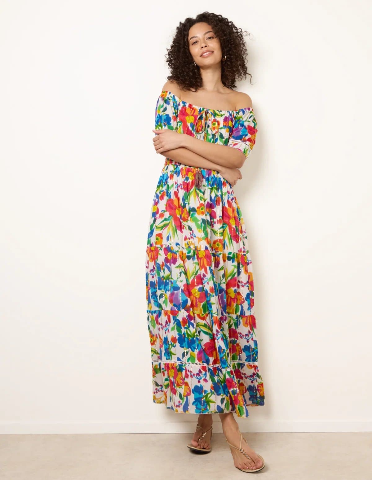 Blue Vanilla Bardot Tassel Tie Tiered Maxi Dress