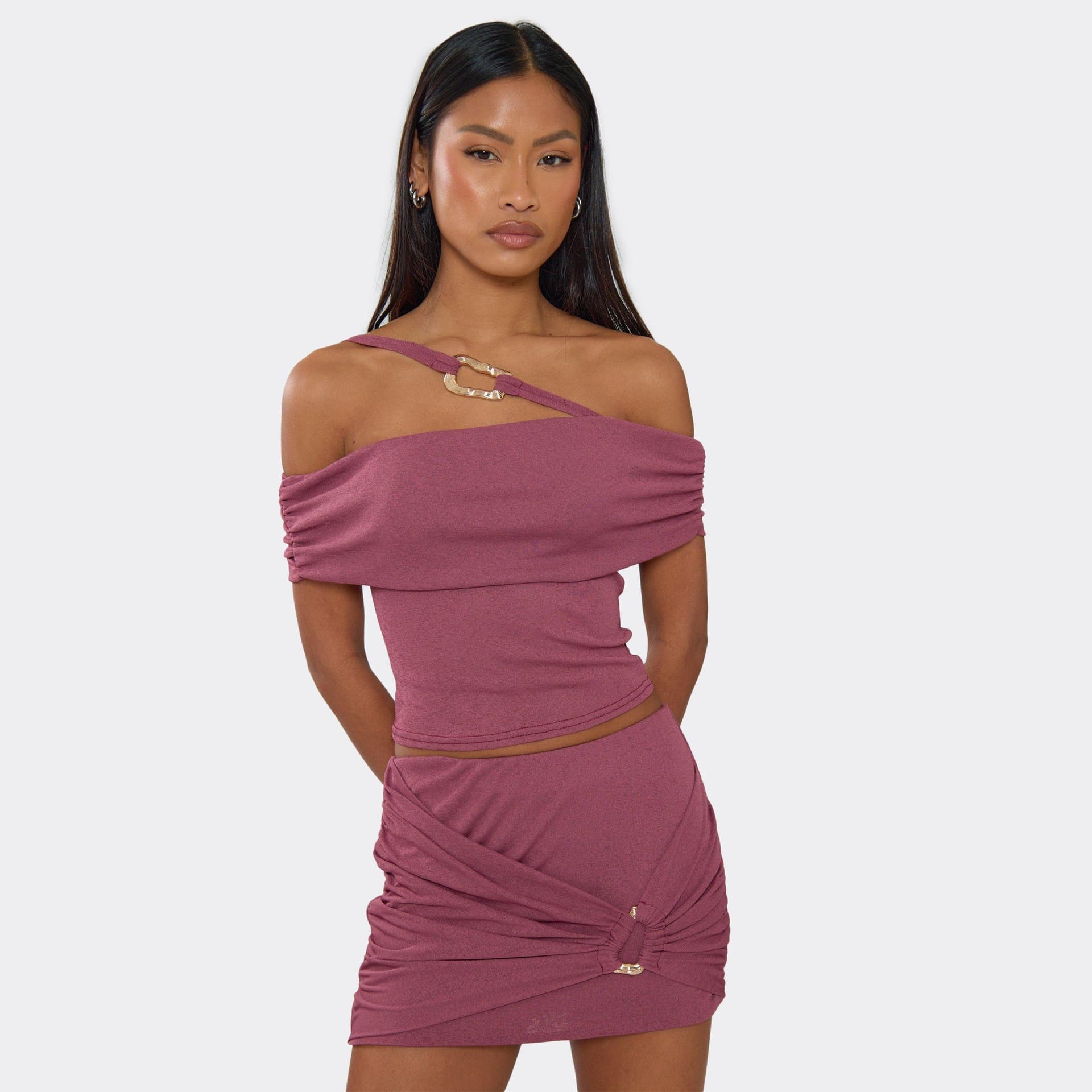 EGO EGO Purple Off The Shoulder Trim Detail Crop Top