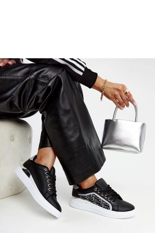 Love Lace Love Lace Women's Glitter Platform Sneakers with White Rubber Sole Lace Up in Black - 2