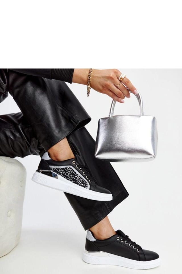 Love Lace Love Lace Women's Glitter Platform Sneakers with White Rubber Sole Lace Up in Black - 3