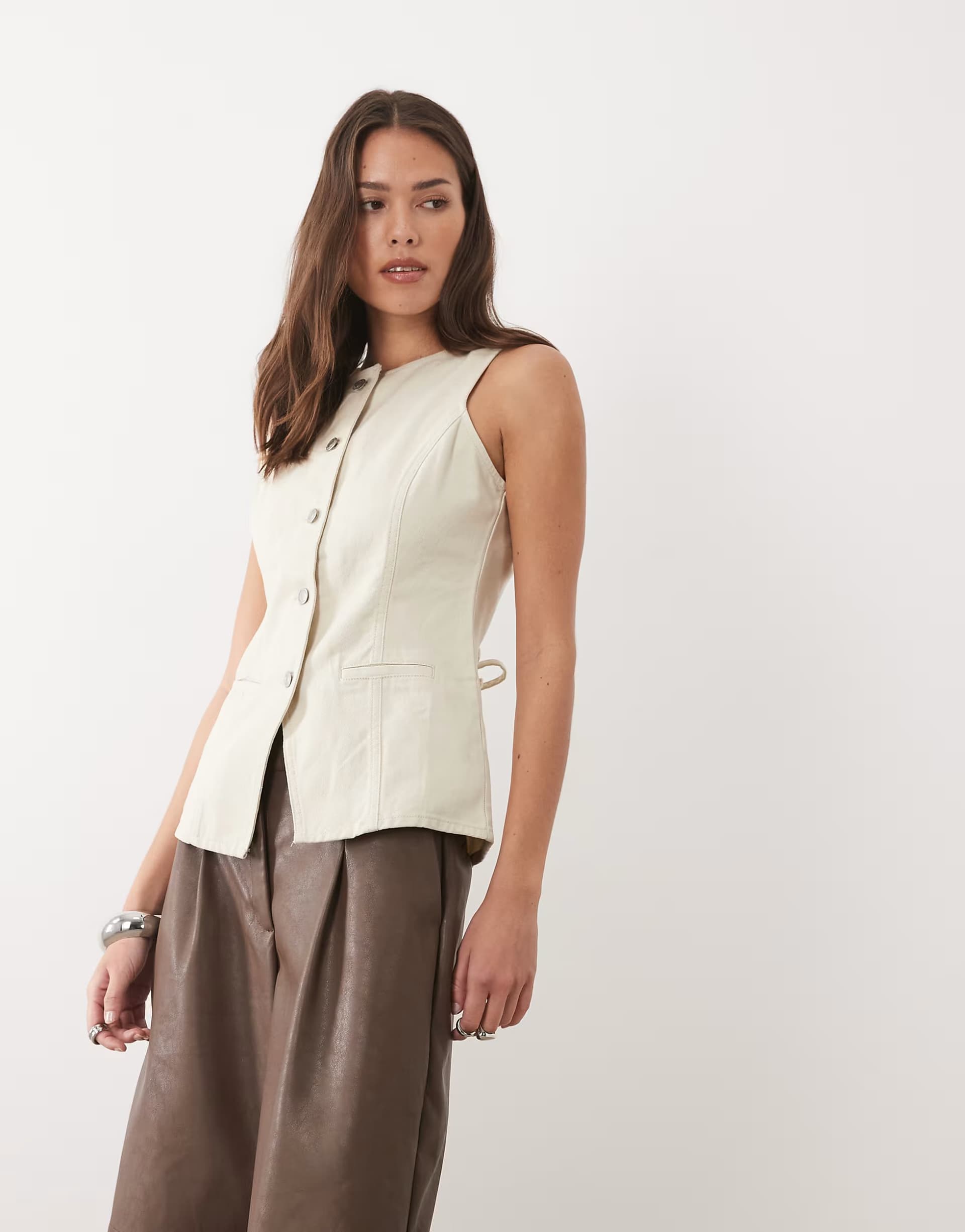 ASOS Threadbare crew neck denim waistcoat in ecru