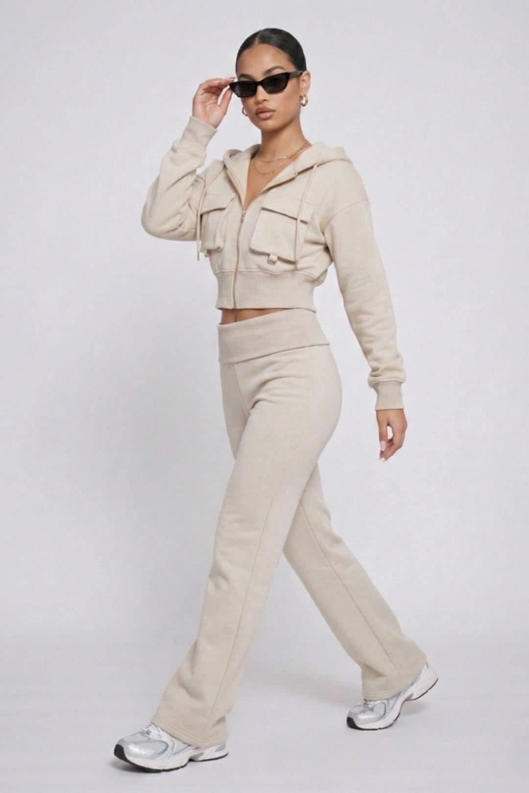 STYLEWISE STYLEWISE Women's Hooded Top & Fold Over Waist Trouser Fleece Co-ord Set in Beige