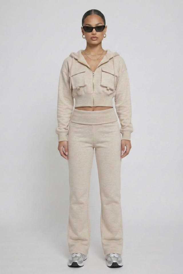 STYLEWISE STYLEWISE Women's Hooded Top & Fold Over Waist Trouser Fleece Co-ord Set in Beige - 2