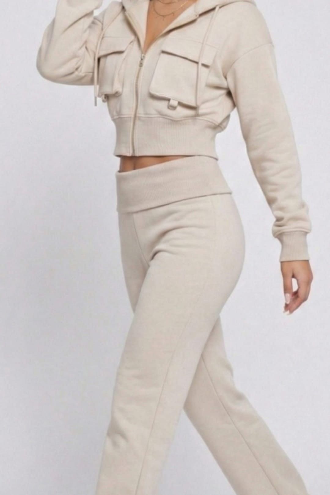 STYLEWISE STYLEWISE Women's Hooded Top & Fold Over Waist Trouser Fleece Co-ord Set in Beige - 4