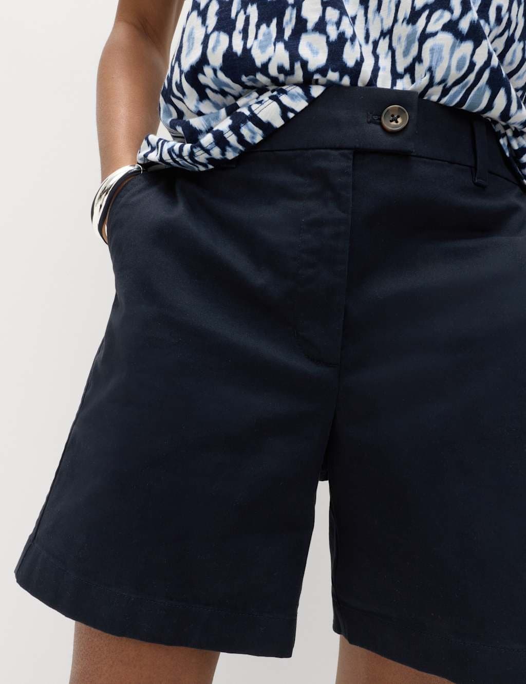 Marks & Spencer M&S Cotton Rich High Waisted Chino Shorts Navy