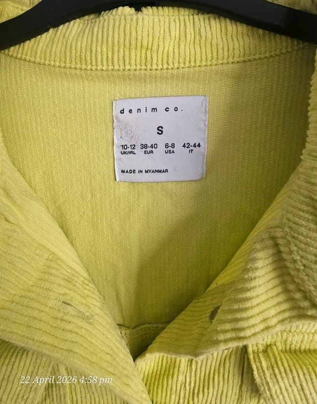 Denim Co Denim & Co. Lime Green Corduroy Shacket – Size S (UK 10-12)
