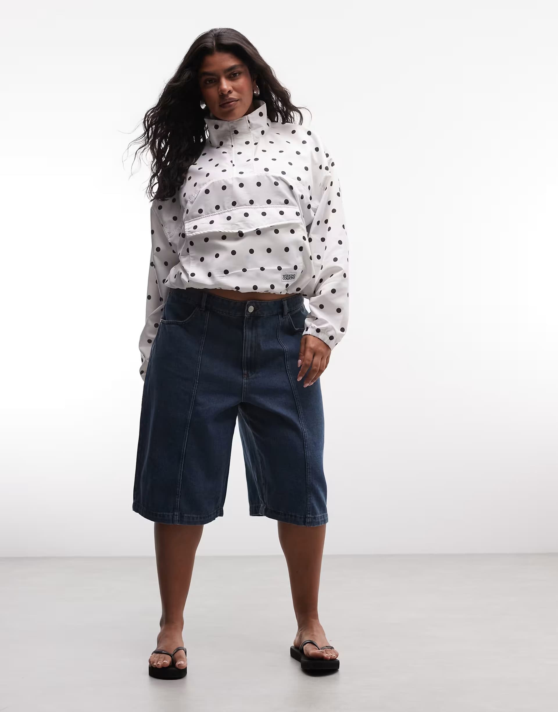 ASOS Noisy May Curve baggy denim shorts with seam detail in mid blue
