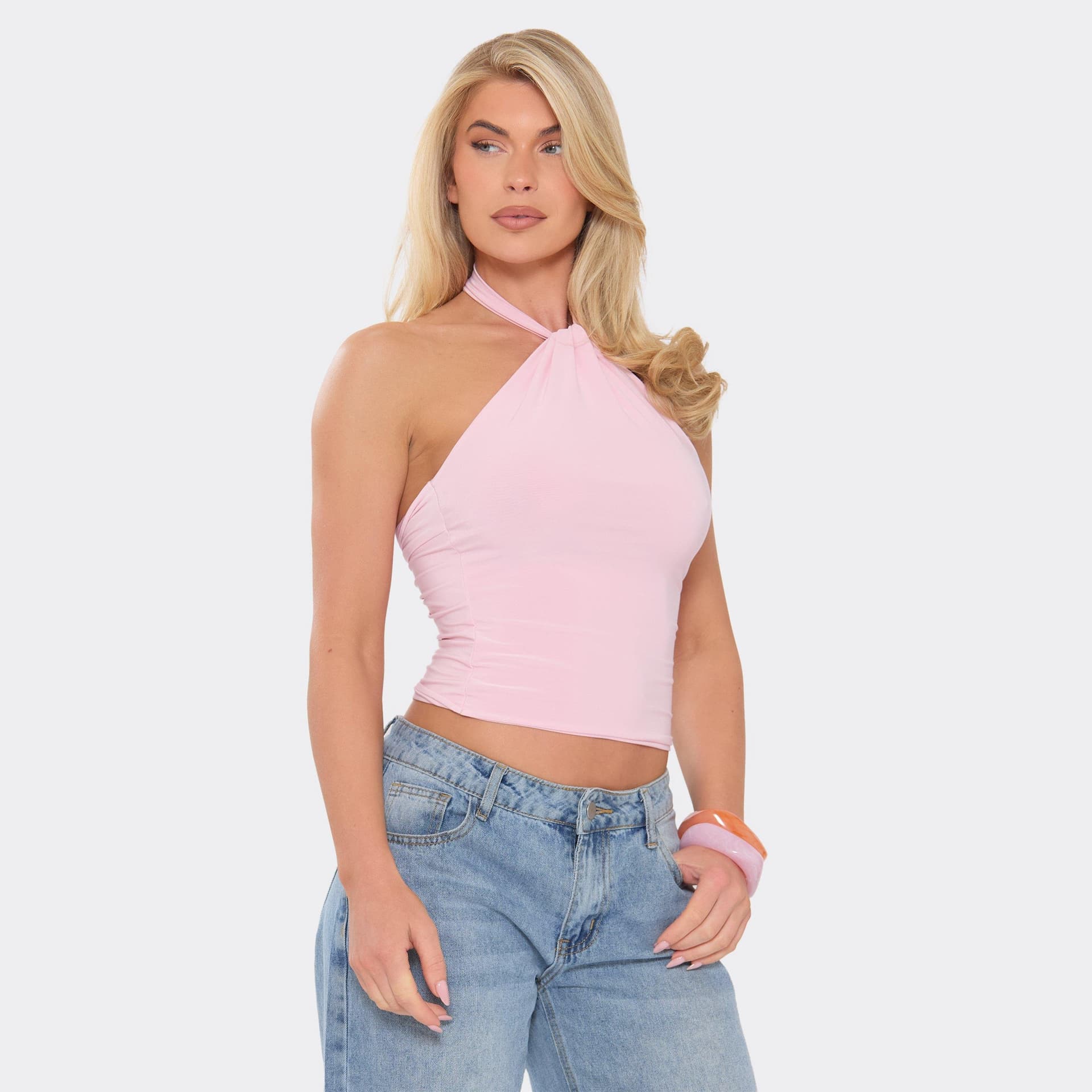 EGO Halterneck Twist Knot Detail Open Back Top In Baby Pink, Women's Size UK 6
