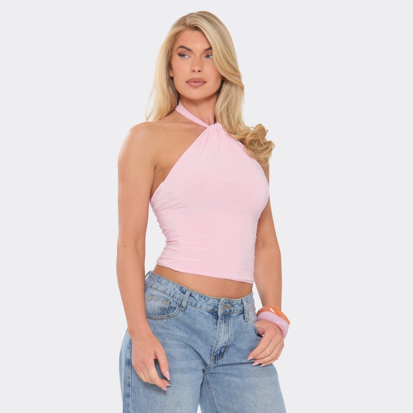 EGO Halterneck Twist Knot Detail Open Back Top In Baby Pink, Women's Size UK 6 - 1
