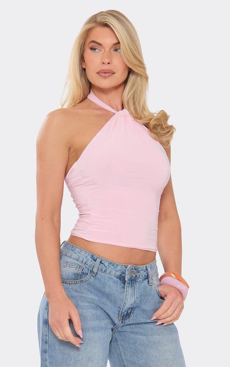 EGO Halterneck Twist Knot Detail Open Back Top In Baby Pink, Women's Size UK 6 - 2