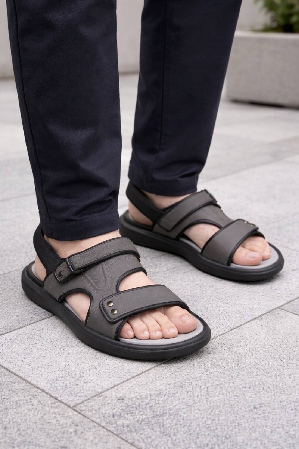 LARANGE LARANGE Men's Grey Black Beach Pool Casual Sport Sandals Slingback Sliders - 2