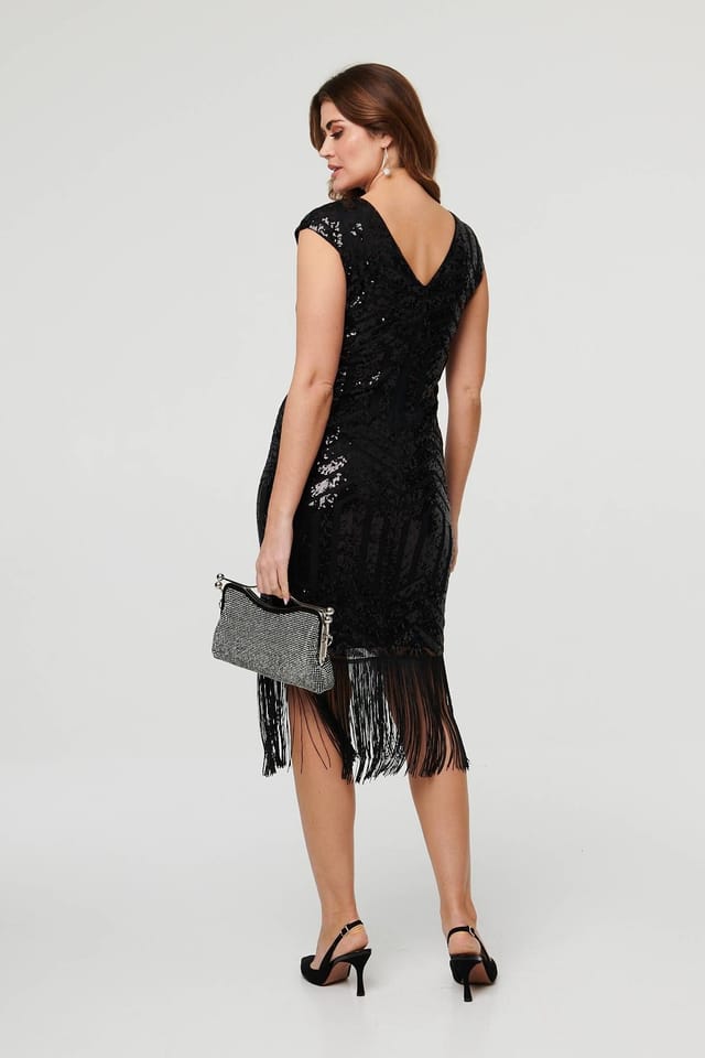 Izabel London Izabel London Women's Sequin Embellished Fringed Midi Dress in Black - 3