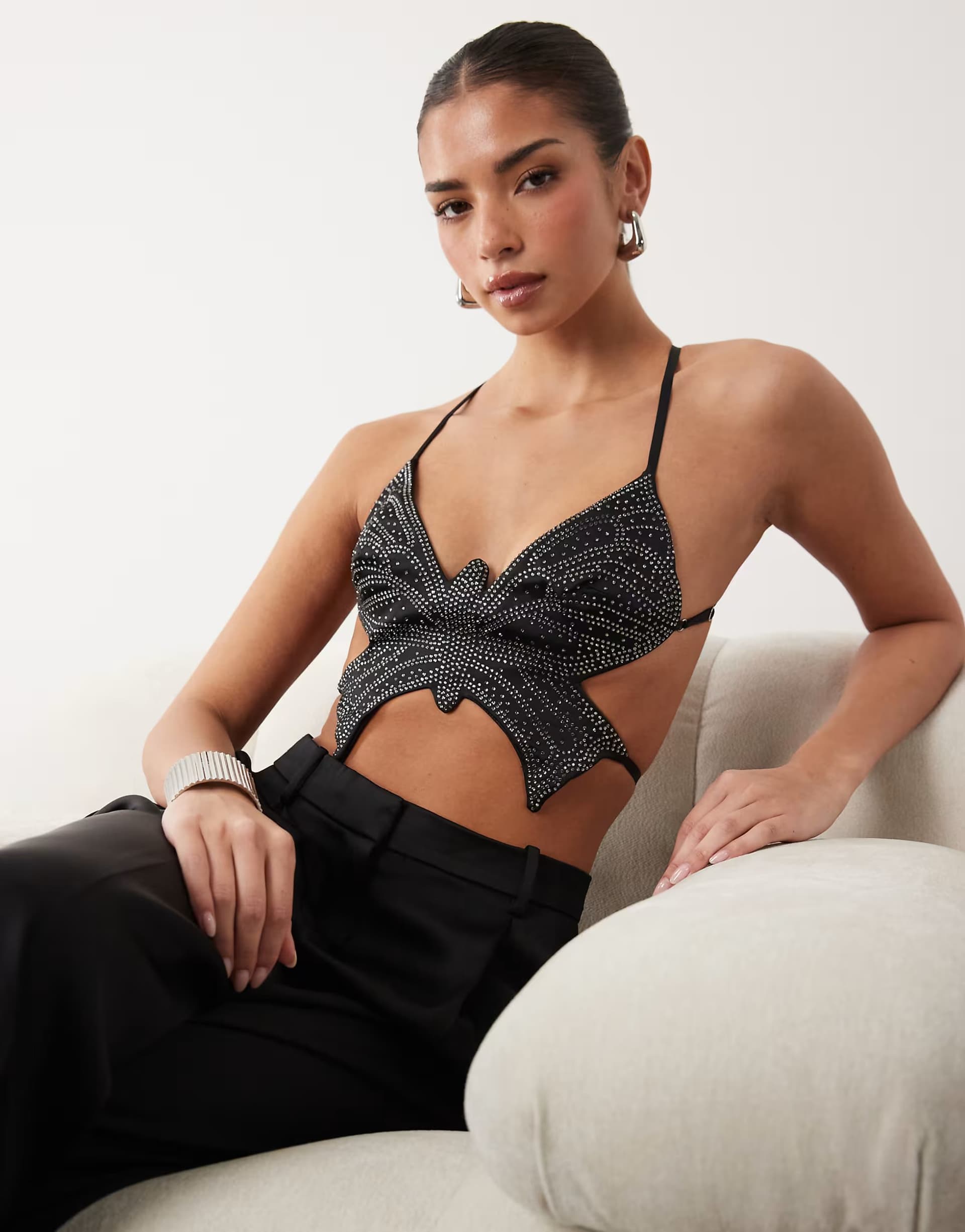 ASOS Oh Polly embellished halter neck cut out tie back top in black