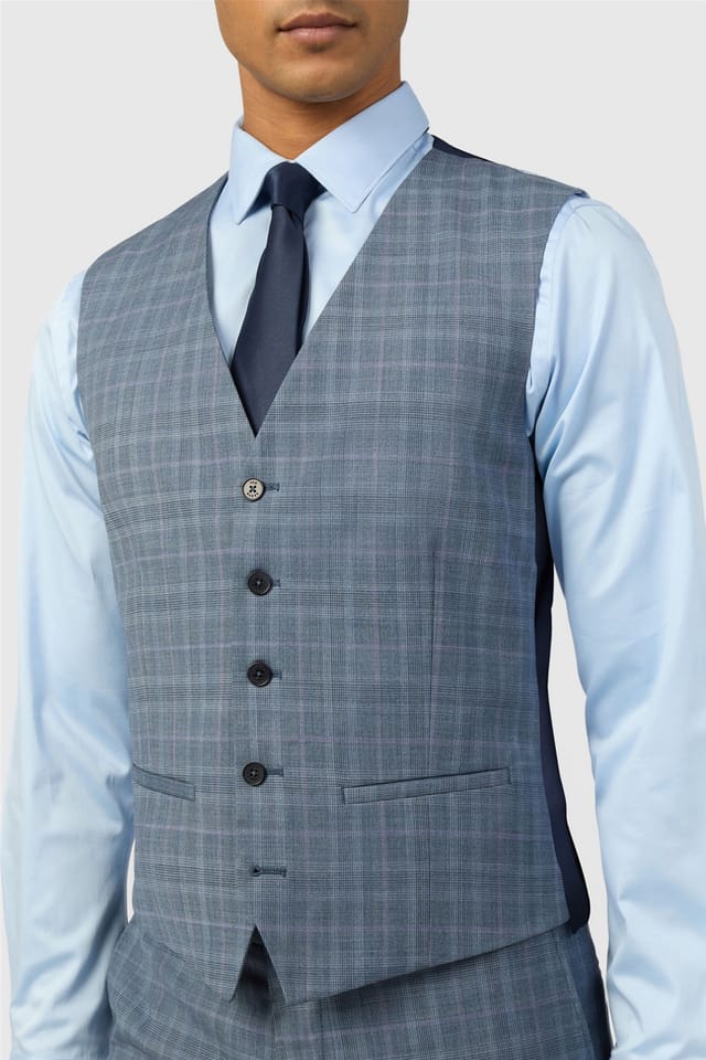 Ted Baker Ted Baker Men's Single Breasted Five Button Checked Slim Fit Waistcoat in Mid Blue - 2