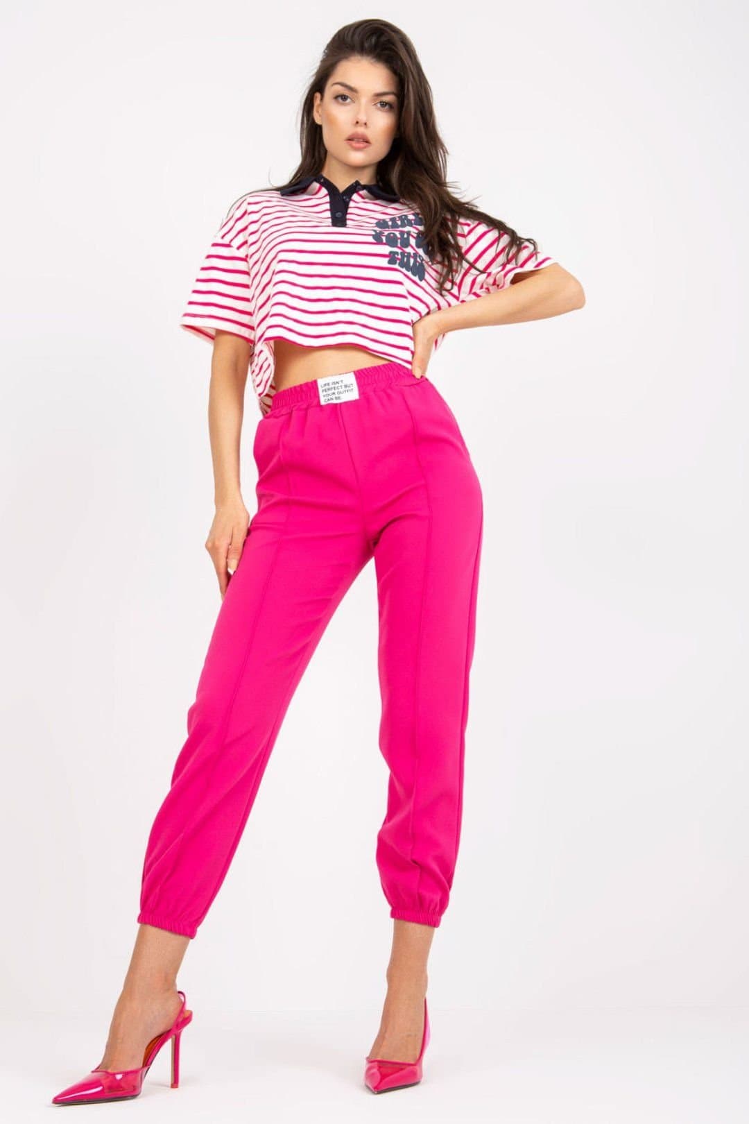 Love Lace Love Lace Women's High Rise Elastic Waist Fabric Pants Pockets in Fuchsia