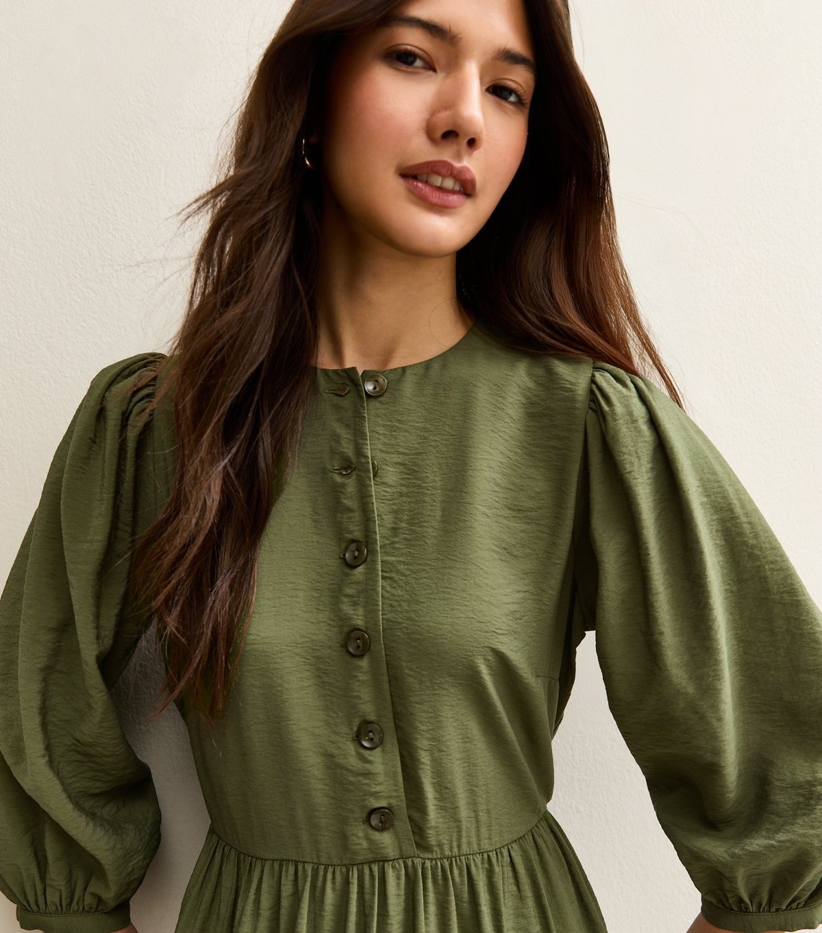 New Look Women's Light Khaki Buttoned Cropped Sleeve Midi Dress New Look - 2