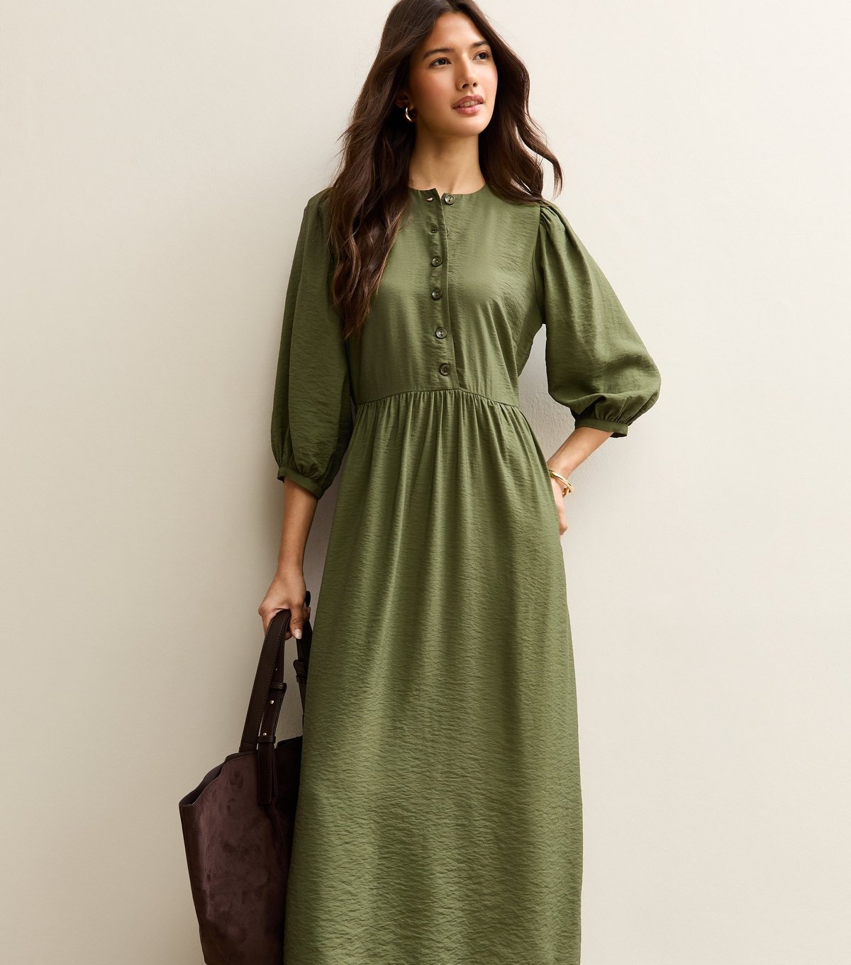 New Look Women's Light Khaki Buttoned Cropped Sleeve Midi Dress New Look - 3