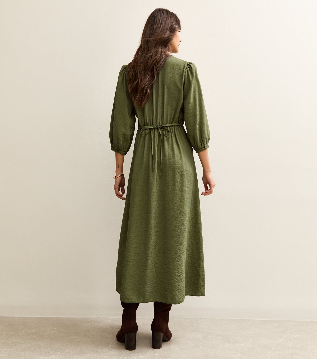 New Look Women's Light Khaki Buttoned Cropped Sleeve Midi Dress New Look - 4