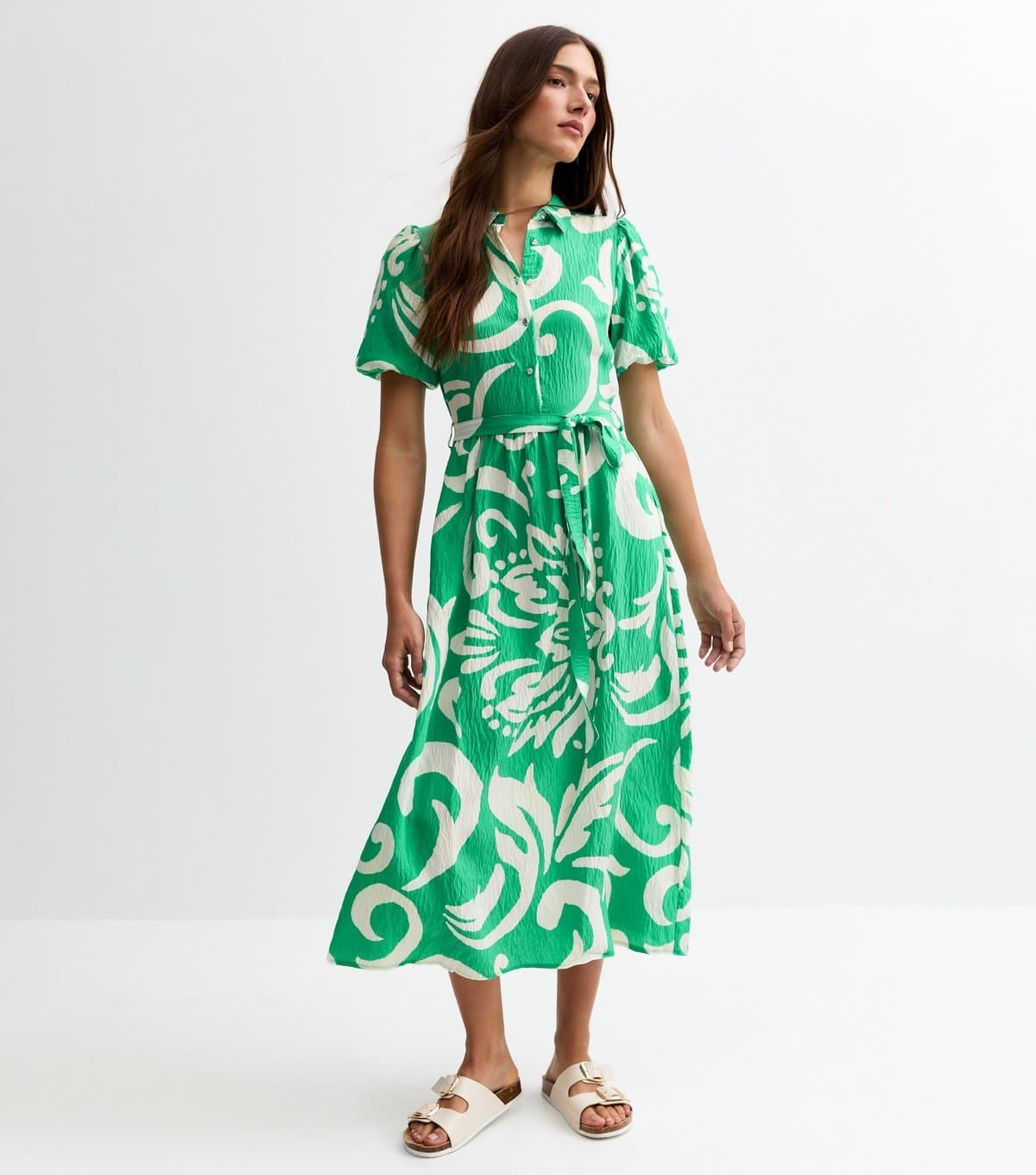New Look Women's Green Swirl Print Puff Sleeve Midi Shirt Dress New Look