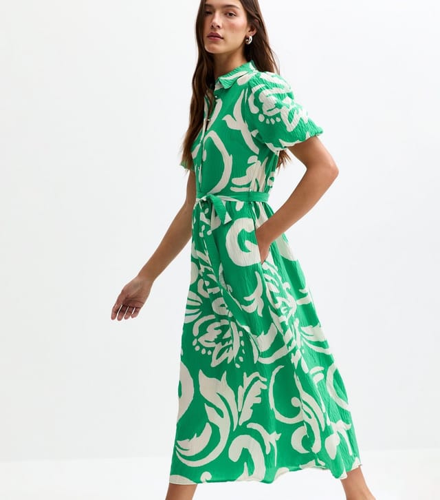 New Look Women's Green Swirl Print Puff Sleeve Midi Shirt Dress New Look - 3