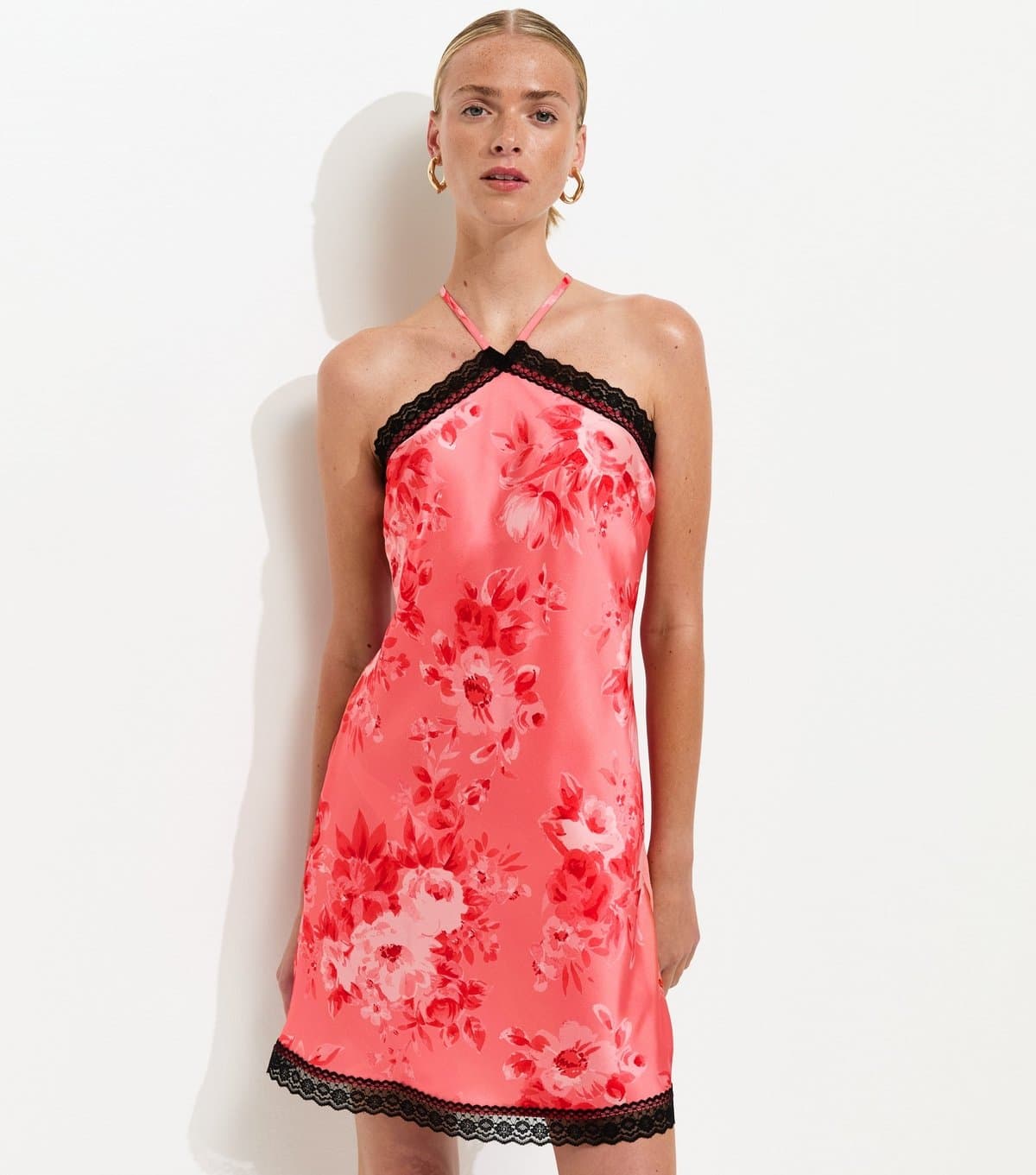 New Look Women's Pink Satin Rose Print Halterneck Mini Dress New Look