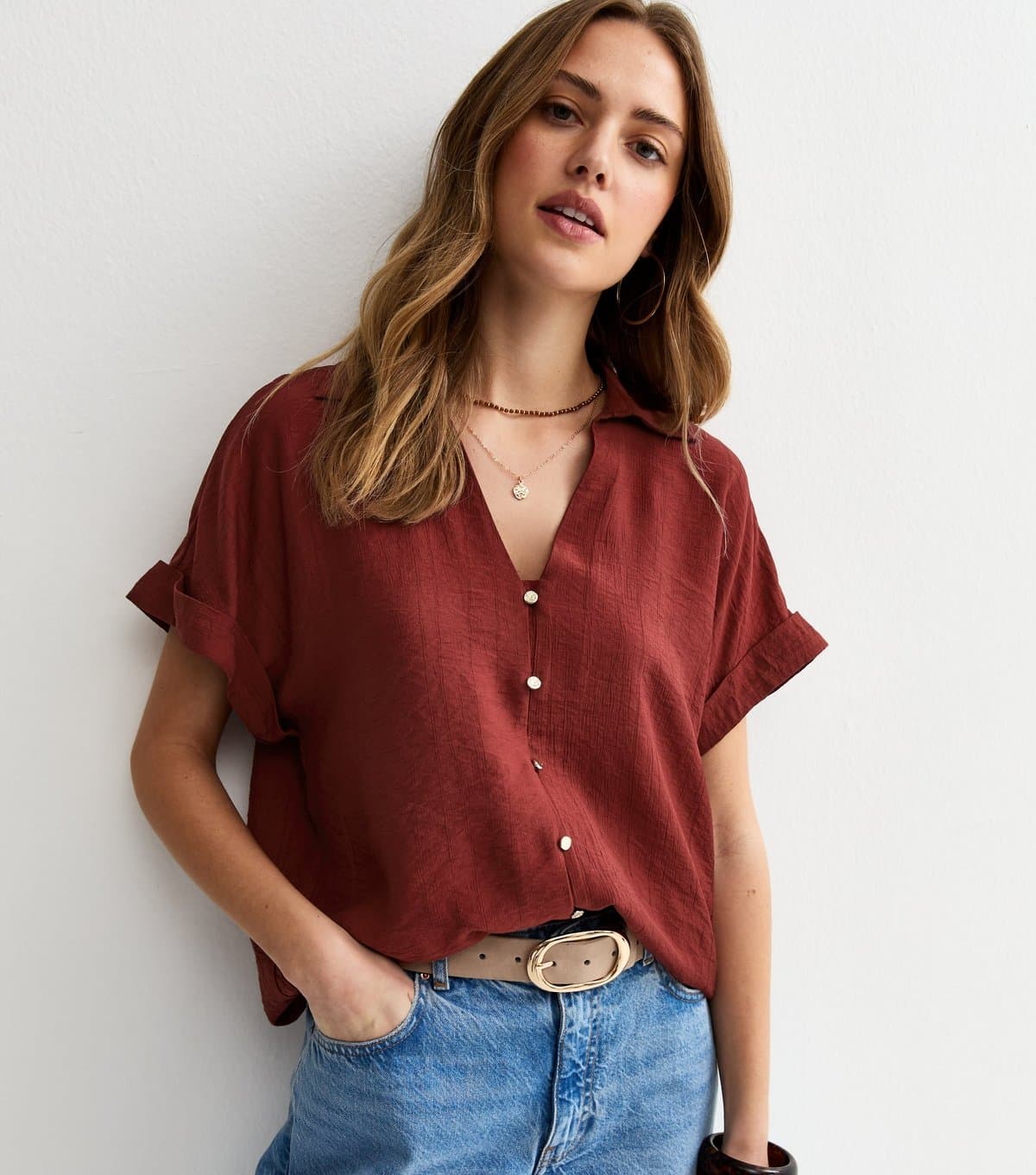 New Look Women's Dark Red Crinkled Short Sleeve Shirt New Look