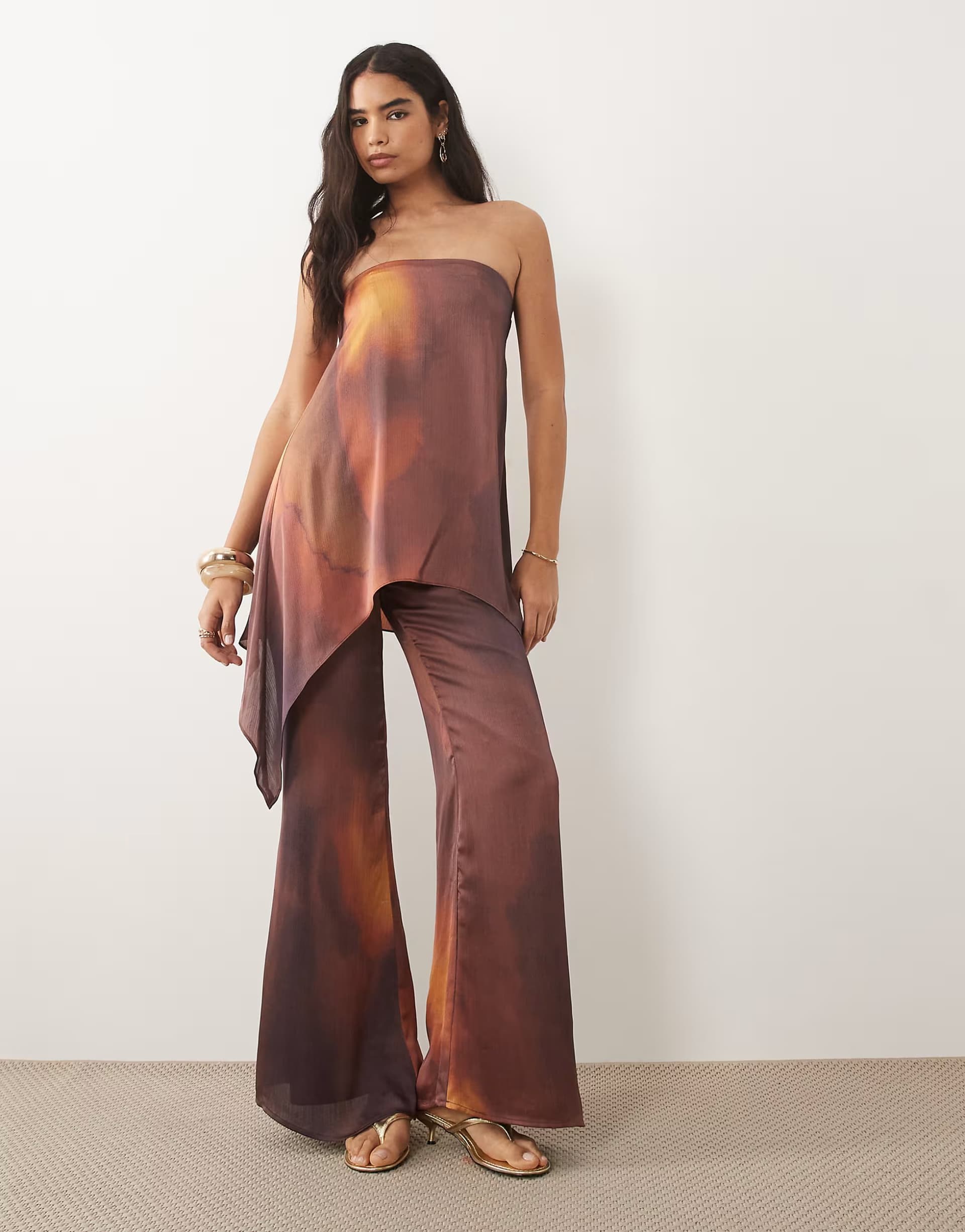 ASOS Missyempire cotton satin wide leg trousers co-ord in rust & burgundy print