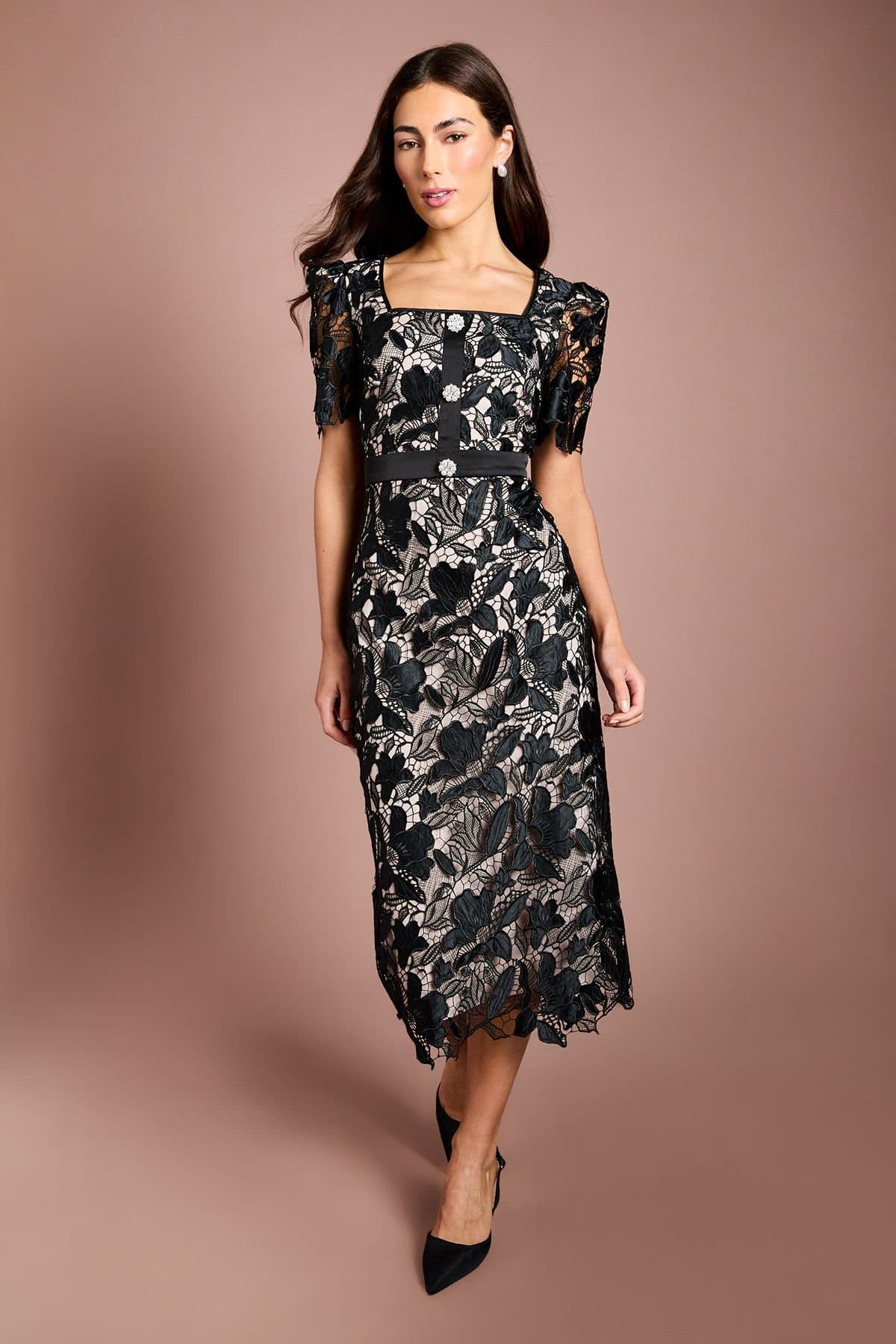 Coast Coast Women's Lace Neck Trim Short Sleeve Pencil Dress in Black
