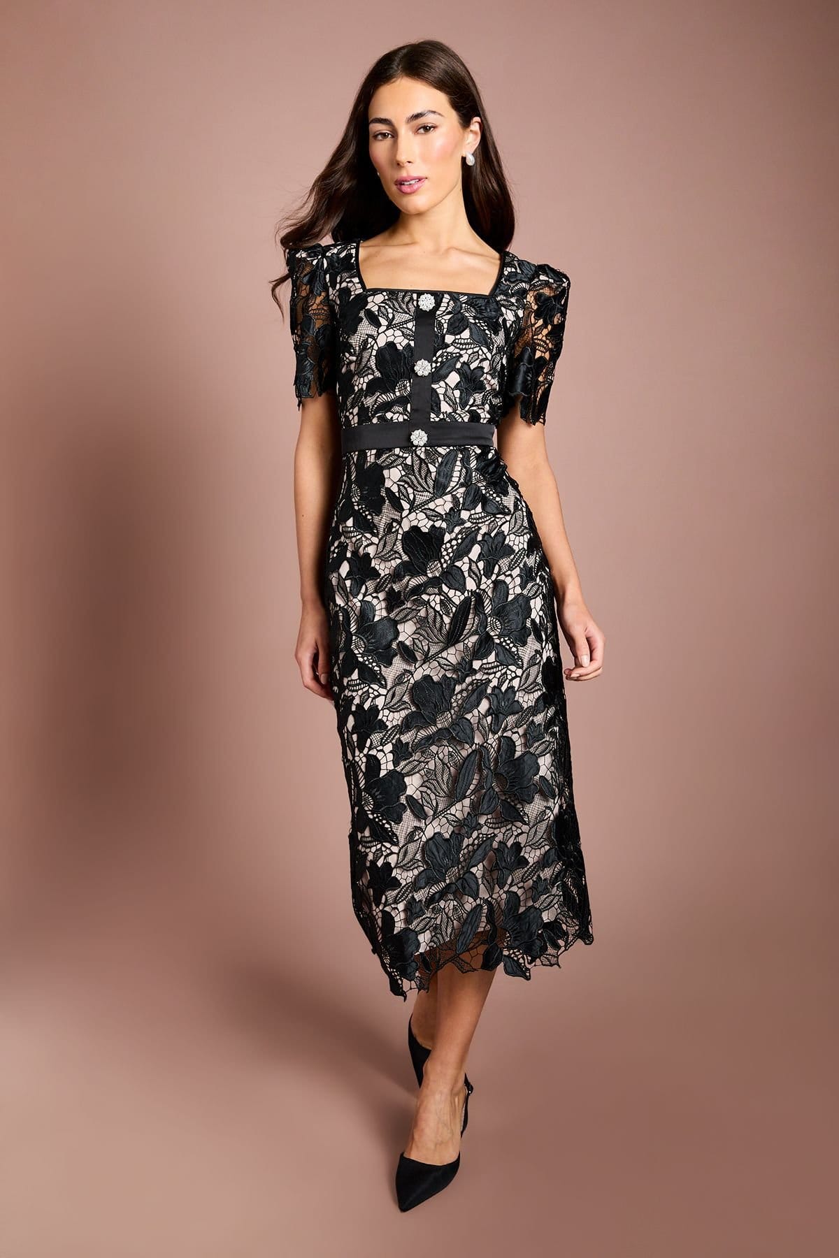 Coast Black Lace Neck Trim Short Sleeve Pencil Dress