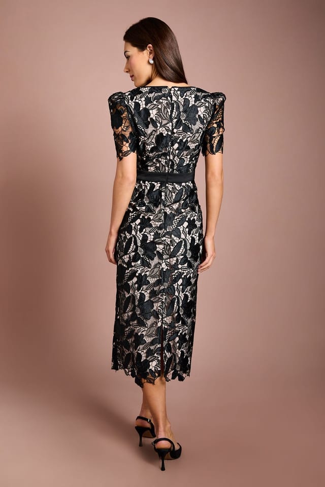 Coast Coast Women's Lace Neck Trim Short Sleeve Pencil Dress in Black - 3