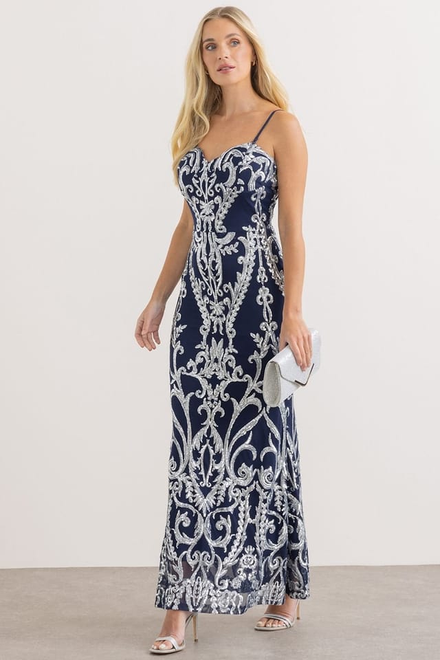 Klass. Klass. Women's Sequinned Mesh Bandeau Maxi Dress in Dark Blue - 2