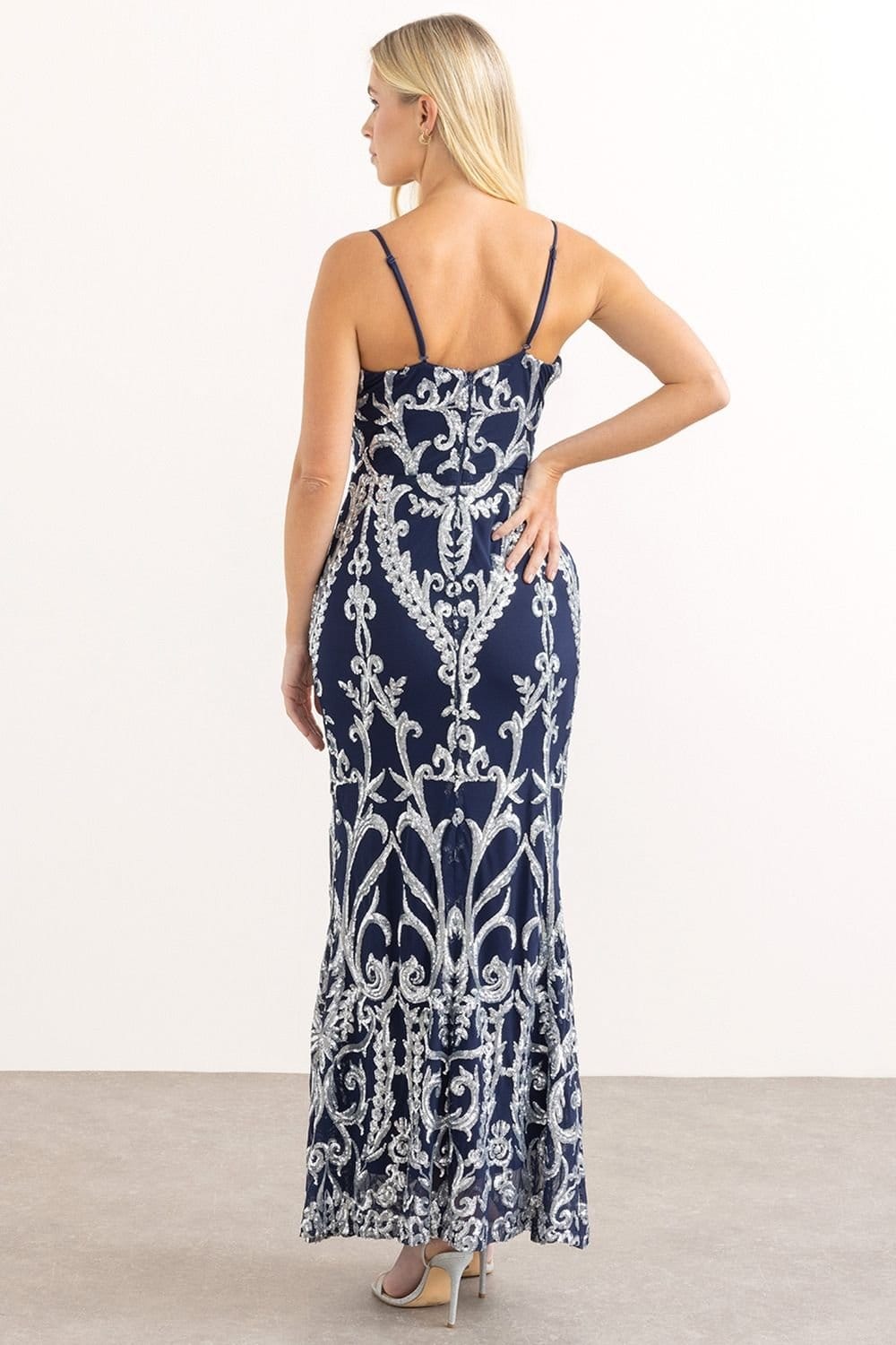 Klass. Klass. Women's Sequinned Mesh Bandeau Maxi Dress in Dark Blue - 4