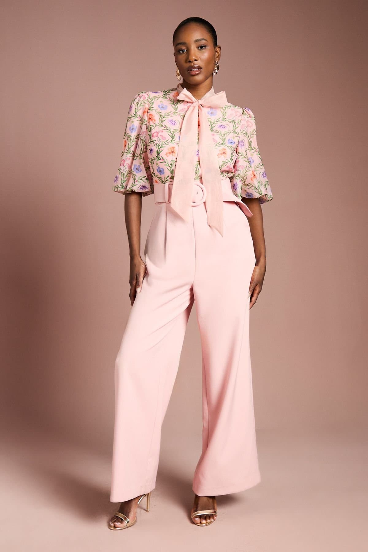 Coast Coast Women's Puff Sleeve Printed Tie Detail Jumpsuit in Peach