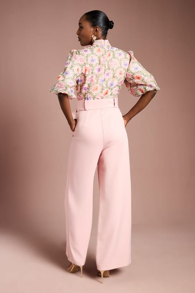 Coast Coast Women's Puff Sleeve Printed Tie Detail Jumpsuit in Peach - 3