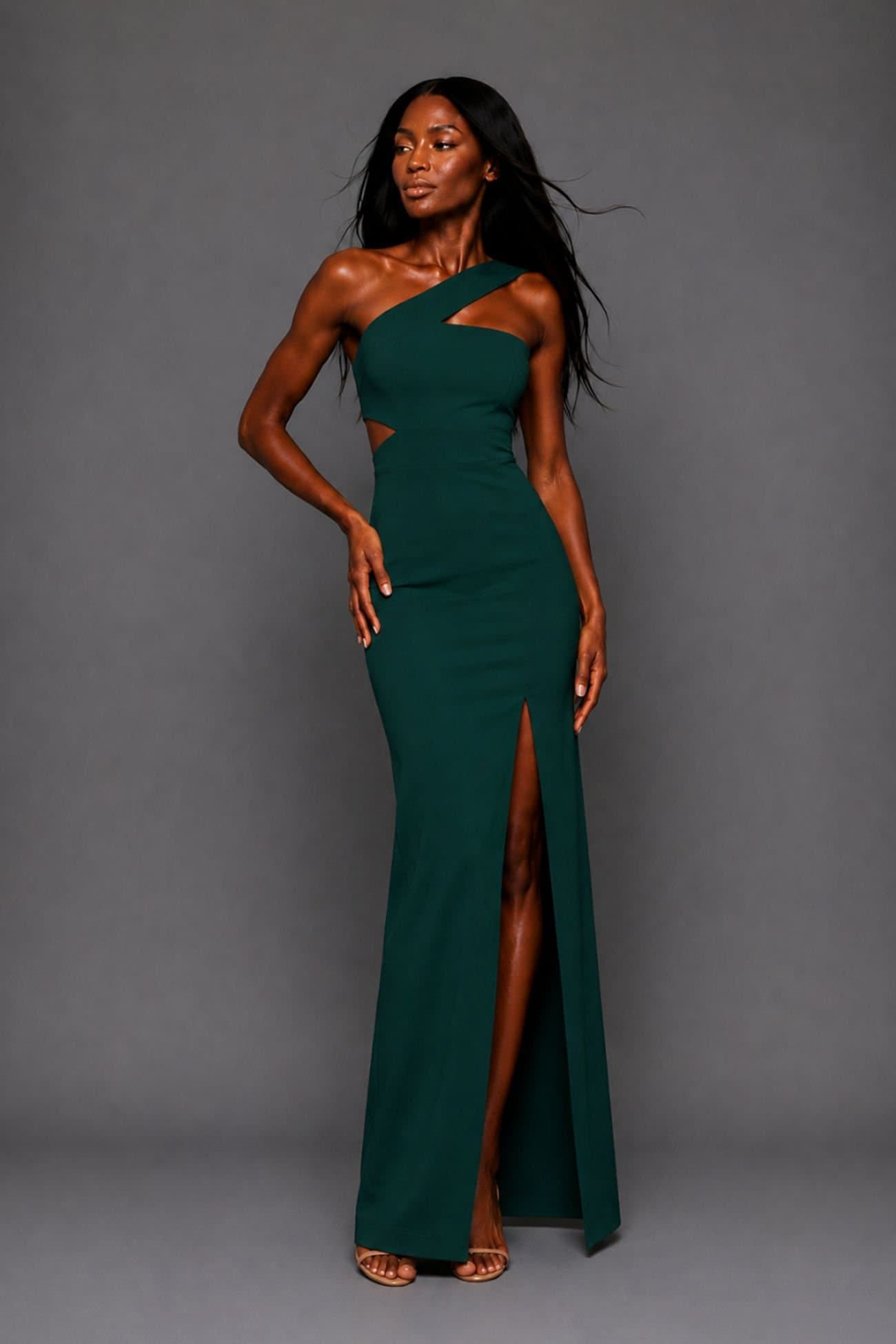 Vesper Vesper Women's Asymmetrical Maxi Dress in Dark Green