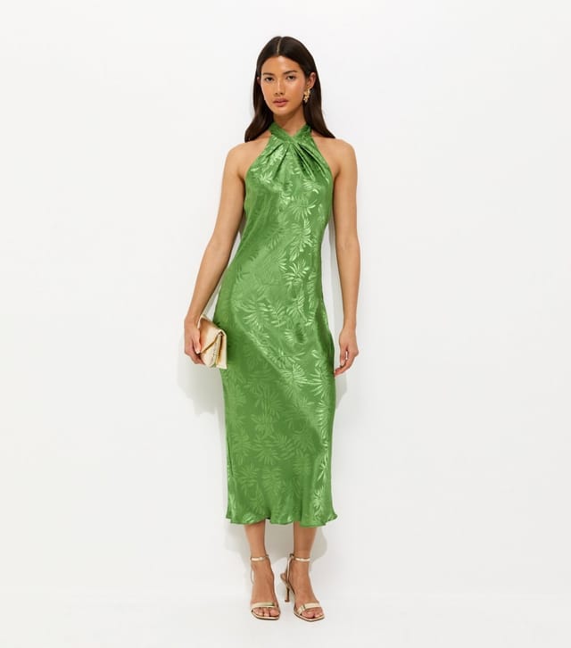 New Look Women's Light Green Palm Leaf Jaquard Halter Neck Maxi Dress New Look - 2