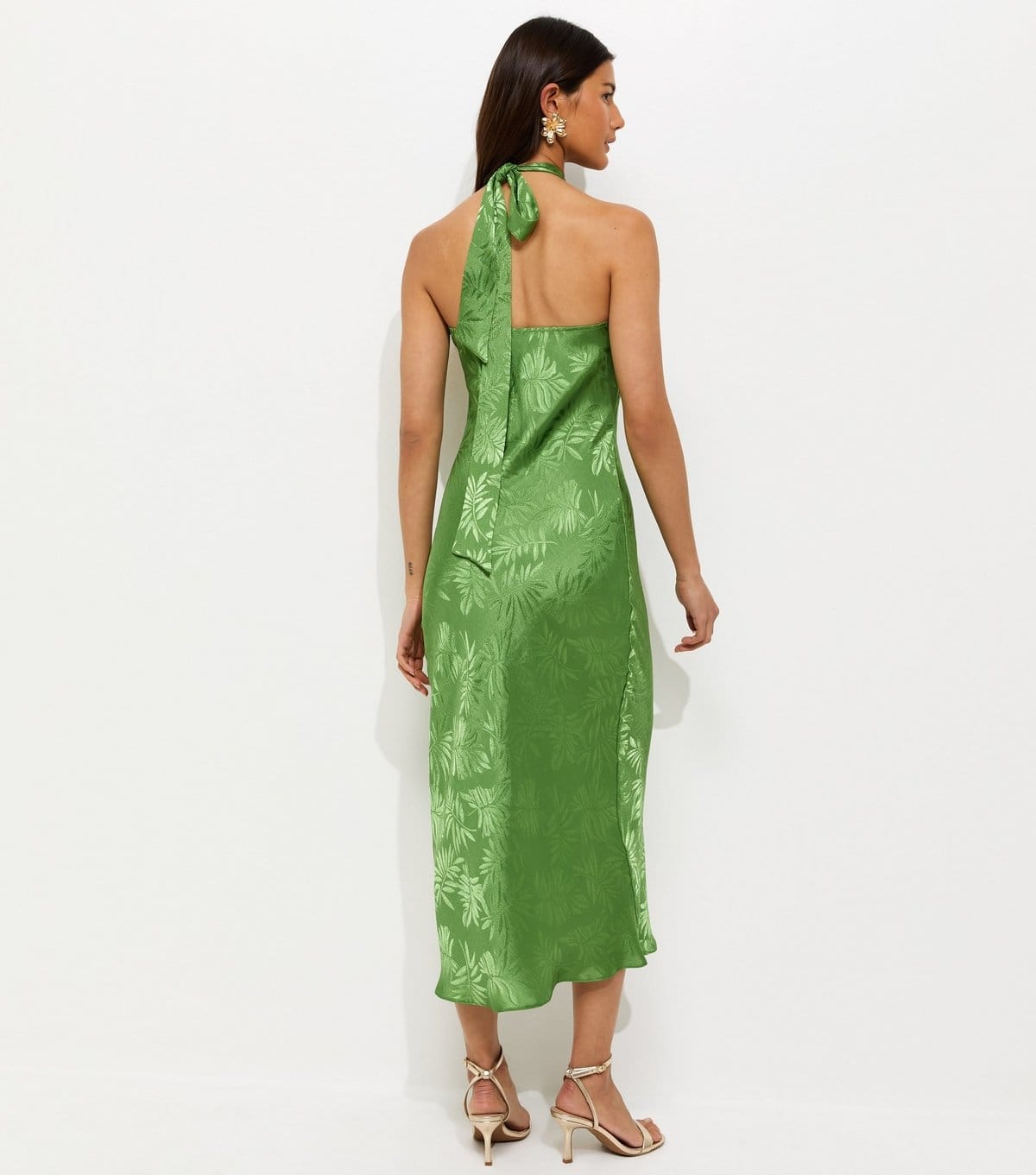 New Look Women's Light Green Palm Leaf Jaquard Halter Neck Maxi Dress New Look - 4