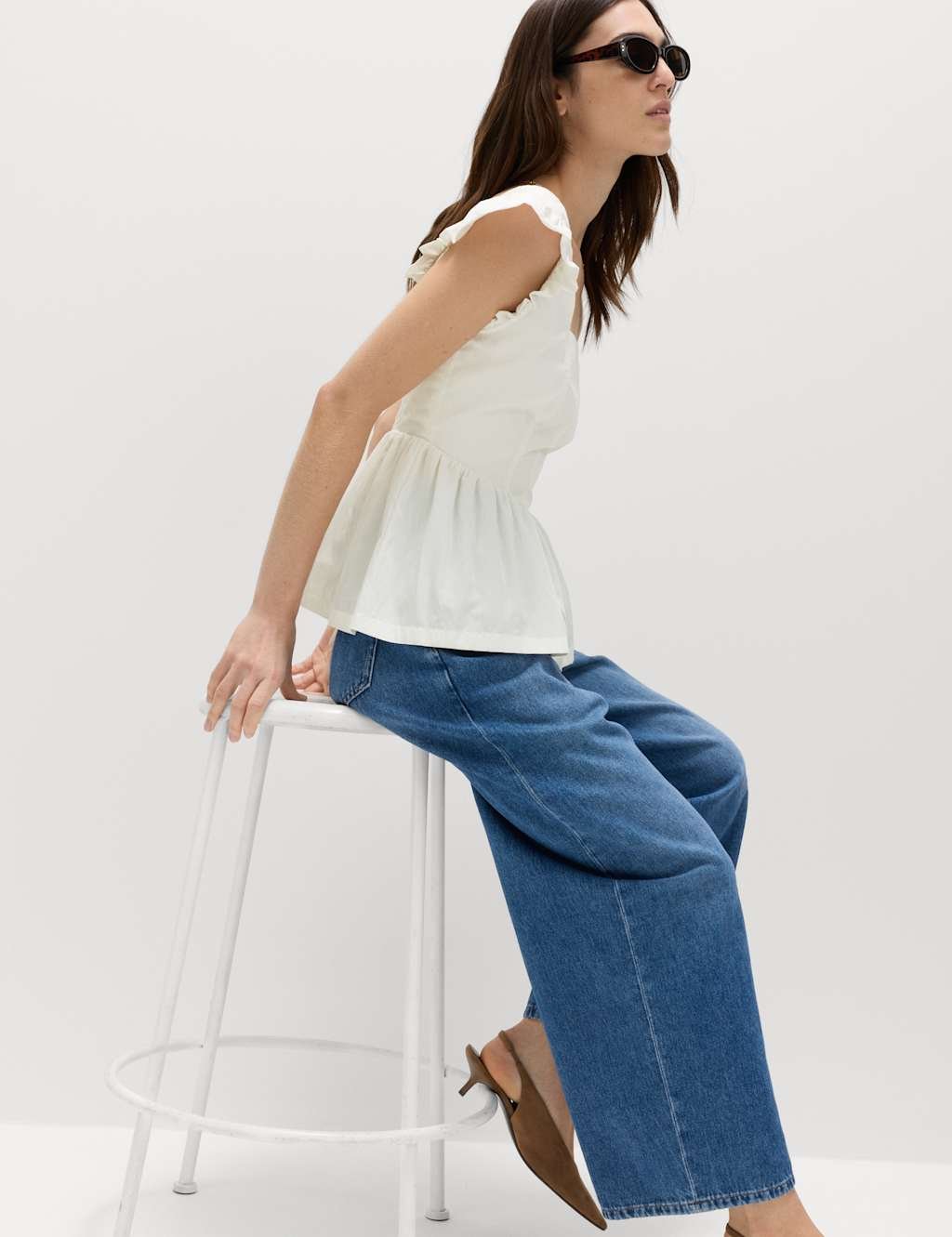 Marks & Spencer M&S Technical Square Neck Peplum Top Soft White - 2