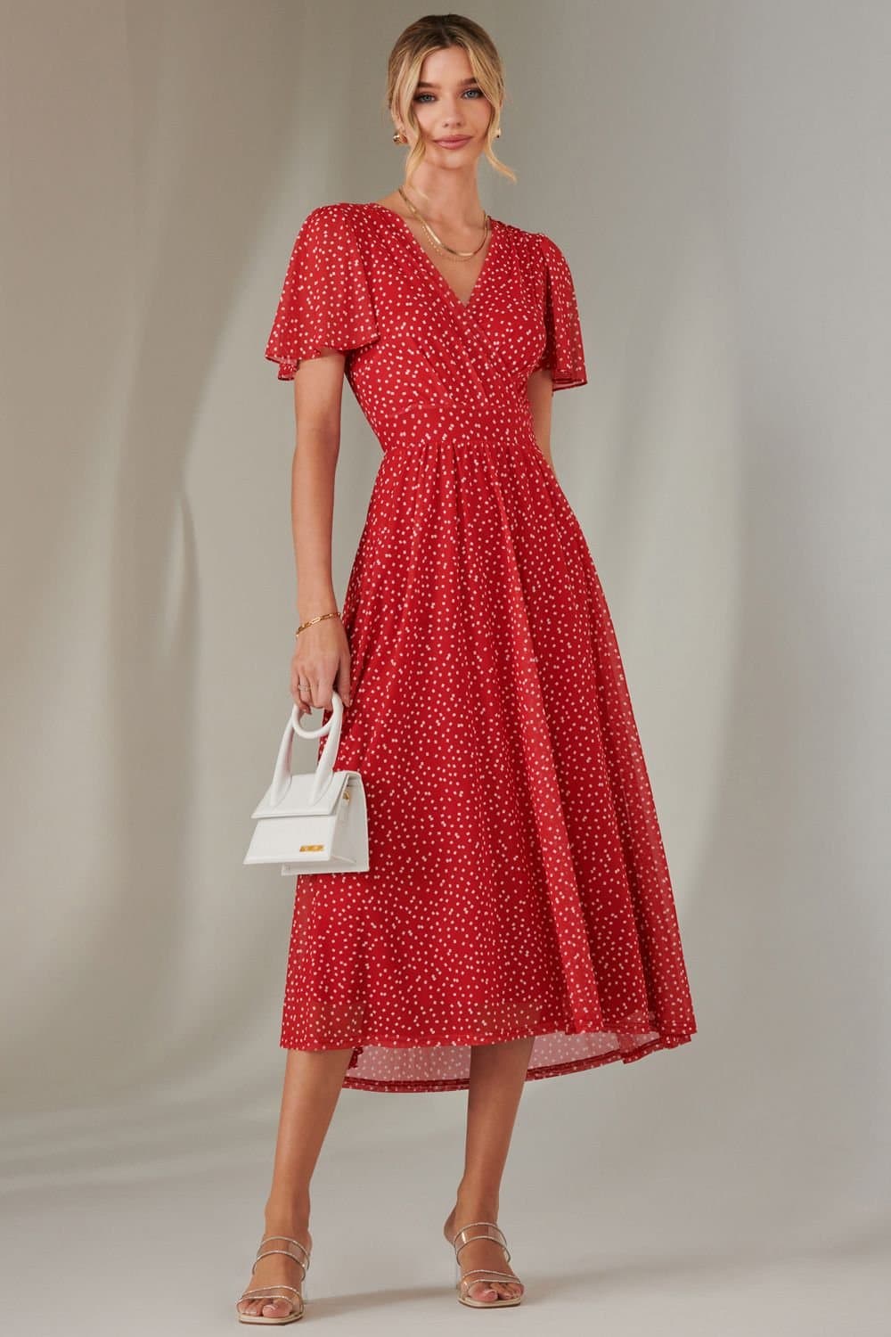 Jolie Moi Jolie Moi Women's Angel Sleeve Wrap Bodice Mesh Maxi Dress in Red