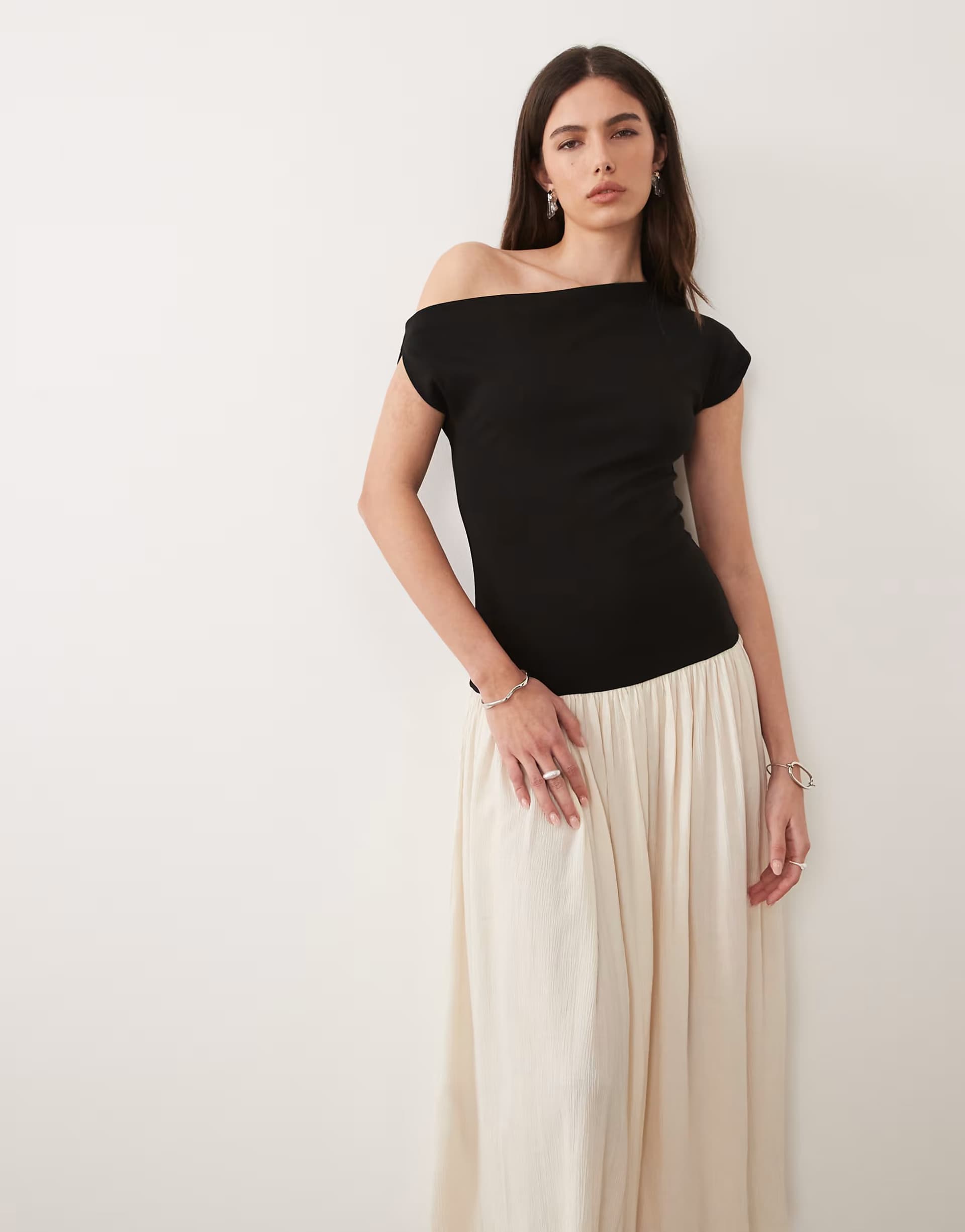 ASOS Mango asymmetric drop waist colour block maxi dress in black and stone