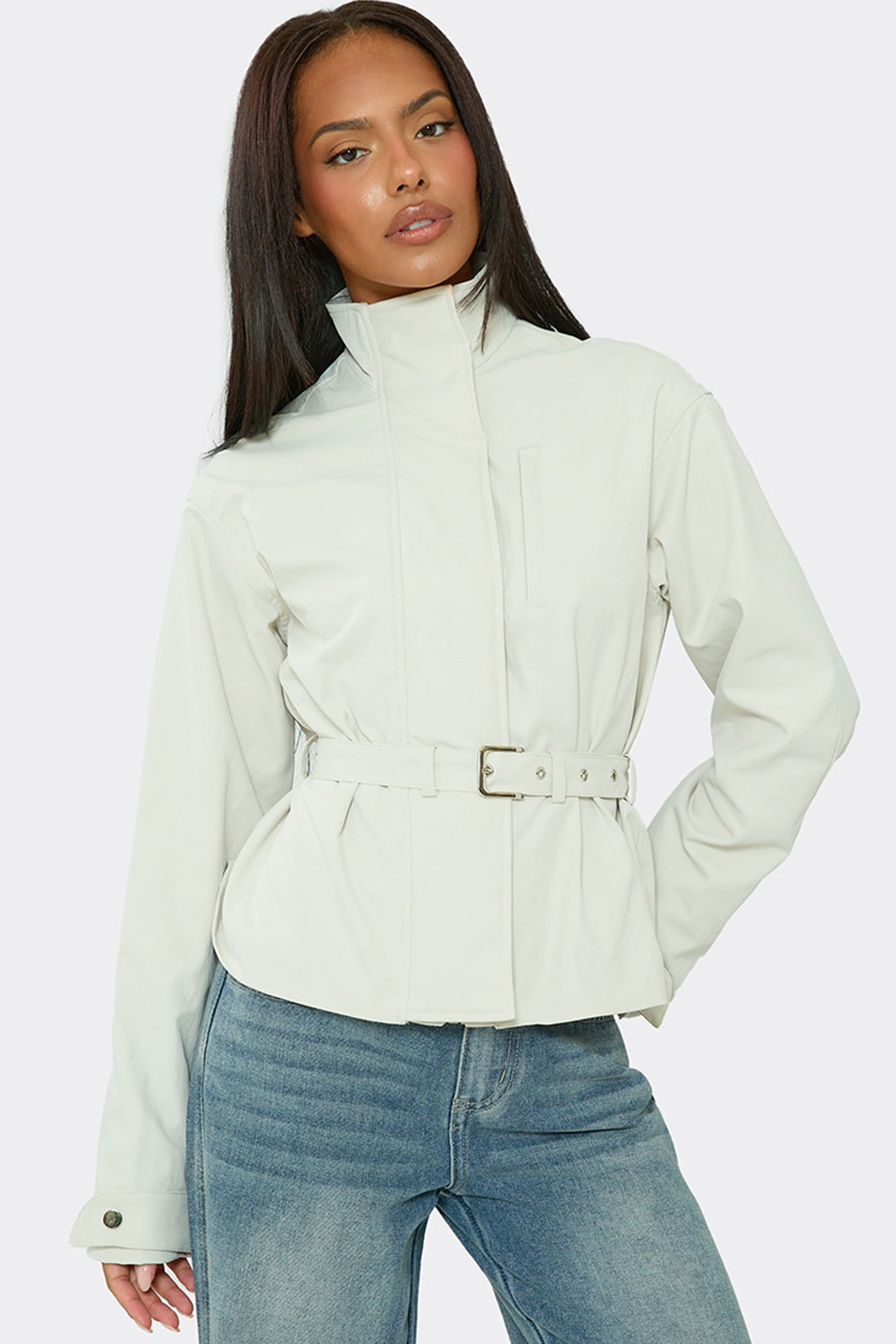 EGO EGO Women's Long Sleeve Belted High Neck Jacket in Light Grey