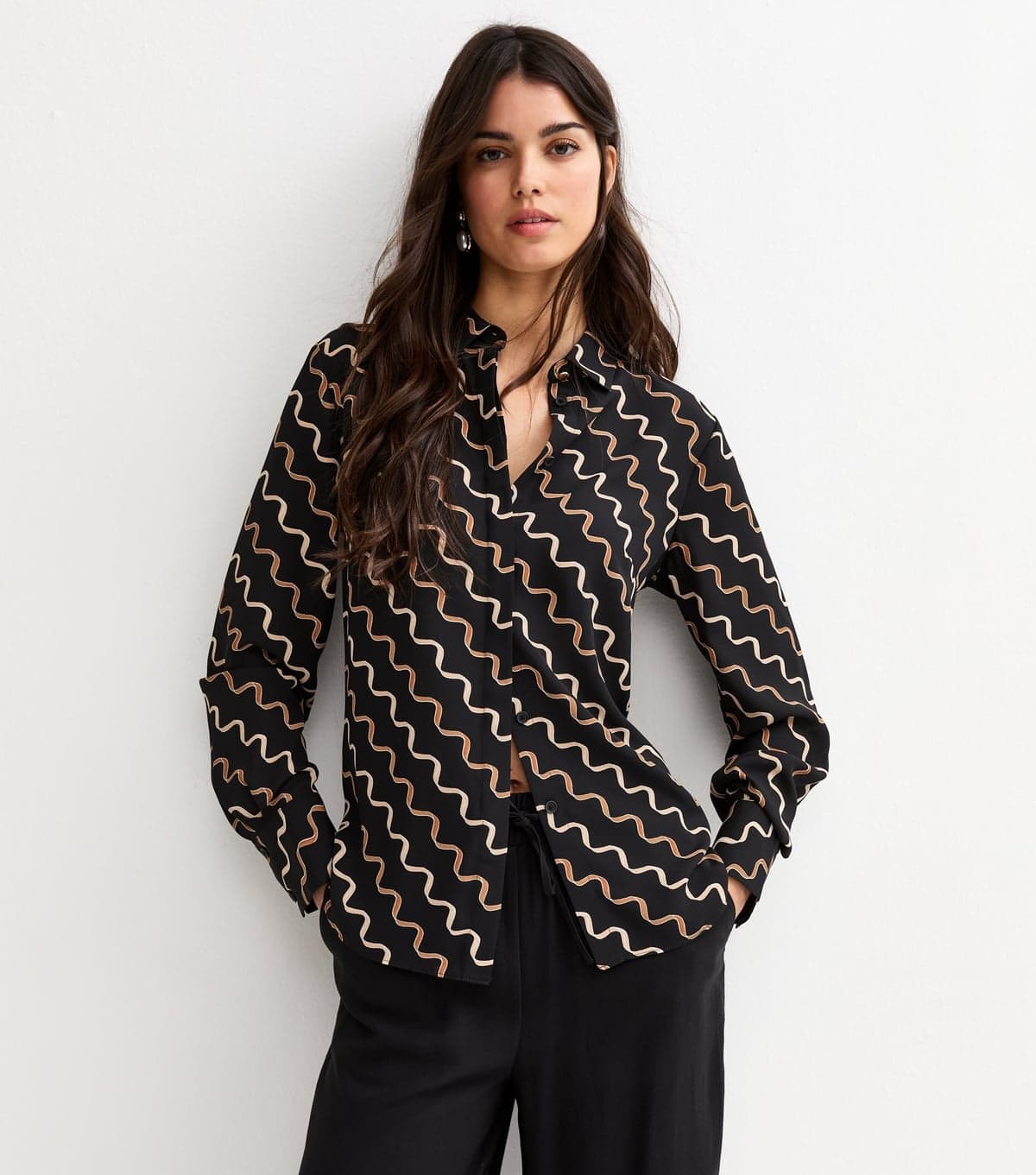 New Look Women's Black and Brown Ribbons Gold Button Shirt New Look