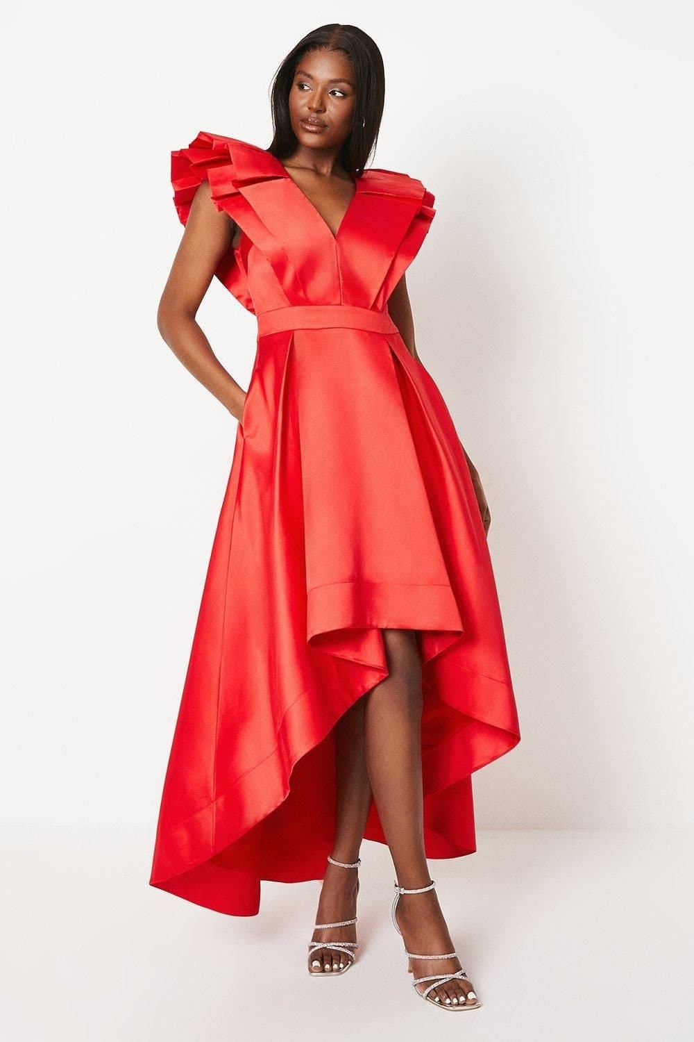 Coast Coast Women's Frill Sleeve V Neck Midi Dress in Red