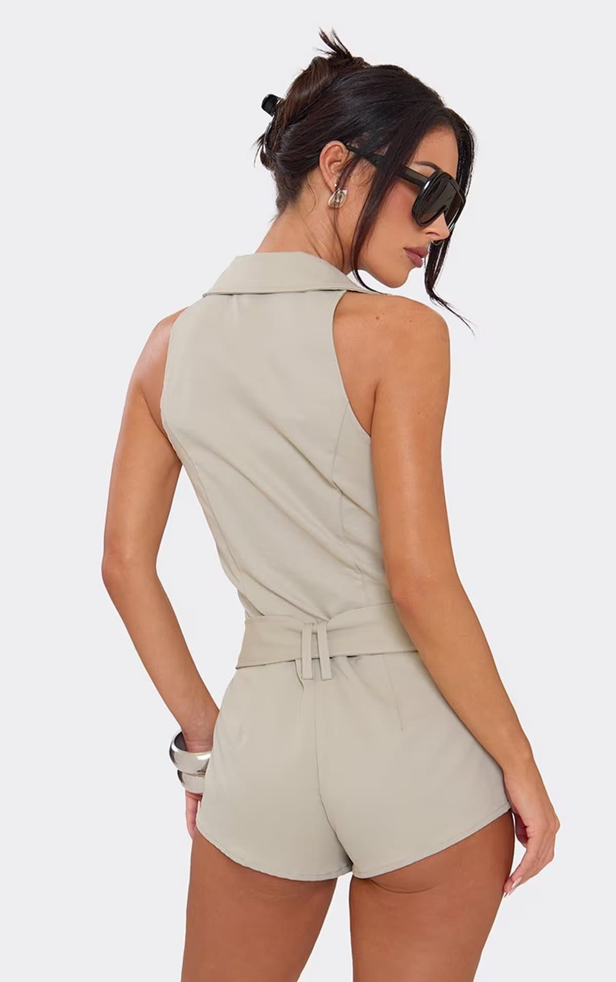 EGO Sleeveless Plunge Front Zip Up Belted Utility Playsuit In Stone, Women's Size UK 6