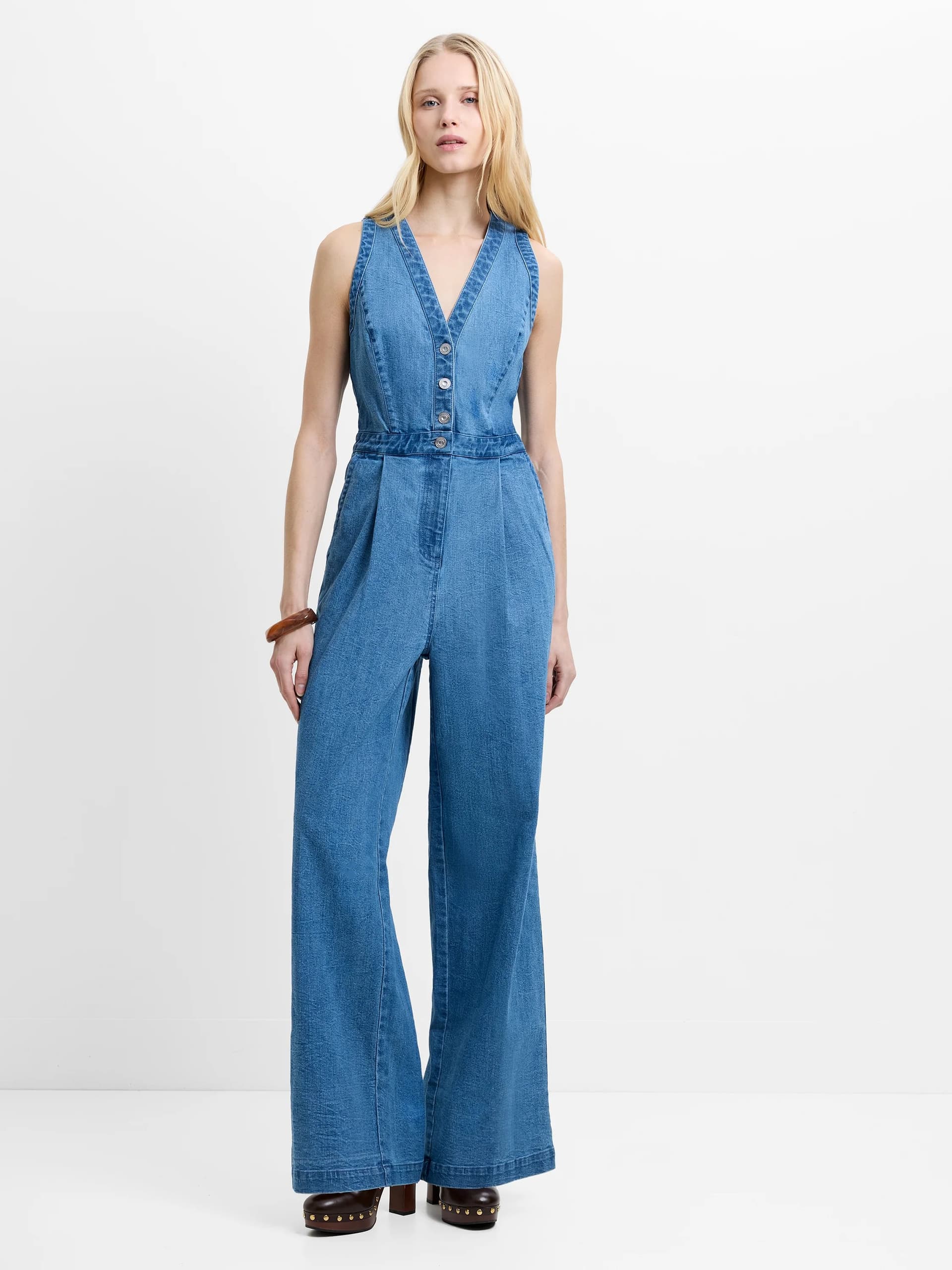 French Connection Arywoode Denim V-Neck Jumpsuit Light Wash Blue