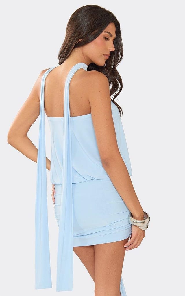 EGO Bandeau Neck Scarf Detail Tie Drape Mini Dress In Baby Blue, Women's Size UK 6 - 2