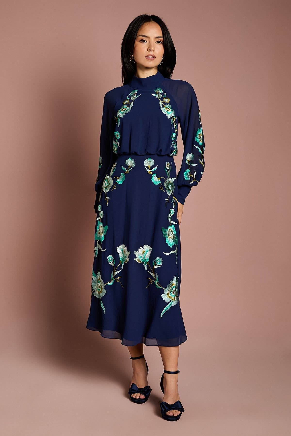 Coast Coast Women's Petite High Neck Long Sleeve Floral Embroidered Midi Dress in Navy