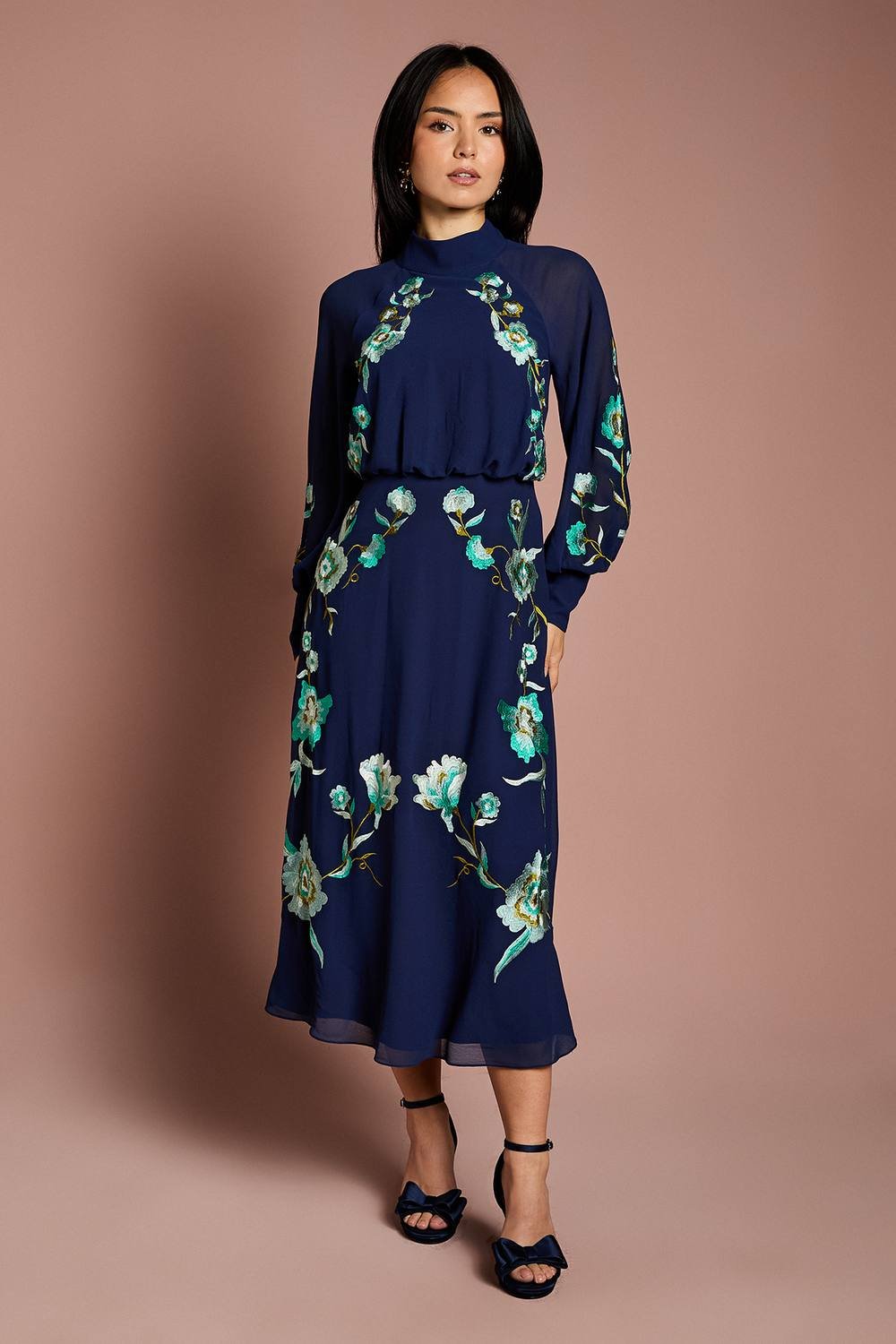 Coast Coast Women's Petite High Neck Long Sleeve Floral Embroidered Midi Dress in Navy - 2