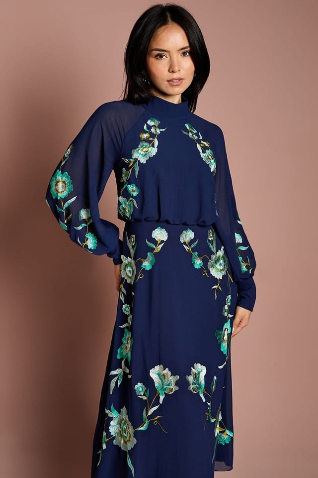 Coast Coast Women's Petite High Neck Long Sleeve Floral Embroidered Midi Dress in Navy - 2
